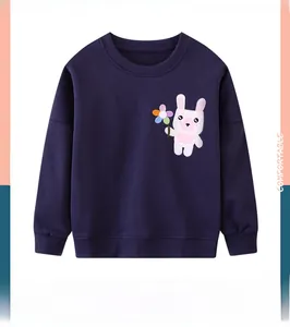 Detailed view of kids navy blue sweatshirt with 3D bunny embroidery and ribbed cuffs