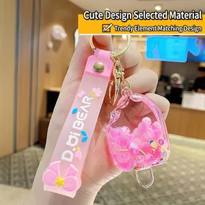 Ice Lolly Shape Keychain Acrylic Oil Filled Quicksand Bag Pendant With Silicone Wrist Strap Cute Rainbow Candy Gift