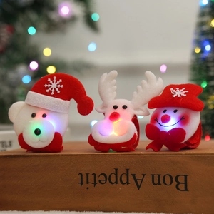 Close-up of LED glowing plush Christmas wristbands with bear reindeer and snowman motifs