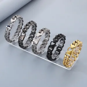 Mens Stainless Steel Cuban Link Bracelet Retro Engraved Vine Pattern Punk Style Jewelry