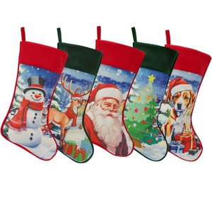 Set of 5 burlap Christmas stockings with cartoon Santa, snowman, and reindeer patterns