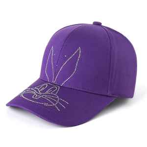 Detail view of purple cotton baseball cap with silver rhinestone bunny ears design