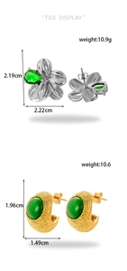 Detailed tile display of C-shaped and flower earrings with emerald zircons and measurements