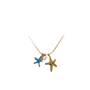 Sweet starfish necklace with blue enamel and crystal pendant in polished gold finish