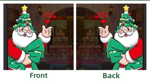 Double-sided Santa window sticker with Happy New Year text showing front and back views