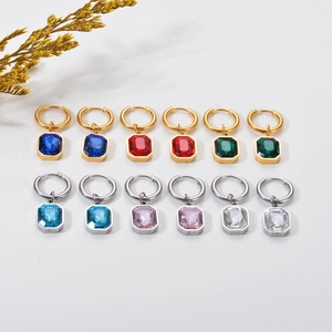 Stainless Steel Crystal Glass Pendant Hoop Earrings French Style Geometric Rectangle Emerald Cut Fashion For Women