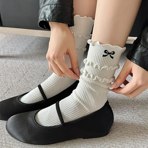 Close-up of white ruffled socks with black bow embroidery and Mary Jane shoes