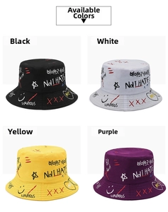 Collage of four bucket hats in black, white, yellow, and purple with graffiti patterns