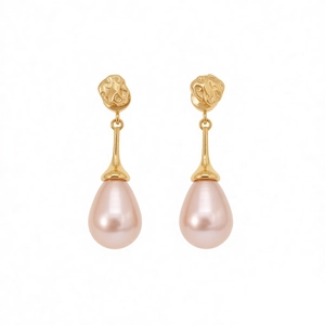 Elegant gold drop earrings with irregular molten texture and lustrous teardrop pink pearls
