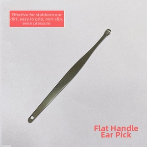Detailed close-up of a flat handle stainless steel ear pick with a convenient hanging hole