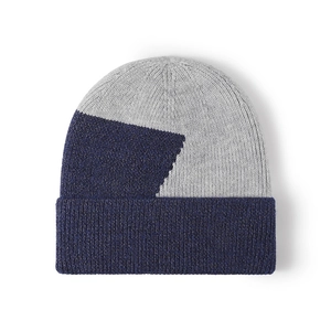 Outdoor-Strickmütze mit dickem Fleecefutter im grau-blauen Colorblocking-Stil für Winter