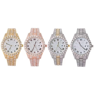 Detail view of four crystal-encrusted watches in gold, rose gold, silver and two-tone finishes