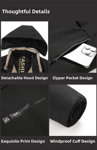 Detail view of winter jacket features including removable hood and zippered pockets