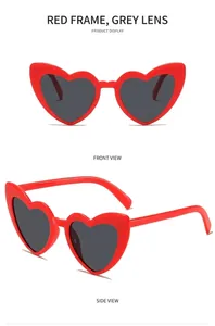Front and 45-degree side views of red heart-shaped sunglasses with dark grey lenses