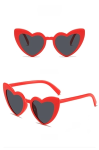 Front and 45-degree side views of red heart-shaped sunglasses with dark grey lenses