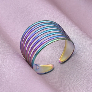 Close-up of rainbow 304 stainless steel ring with seven layered parallel geometric lines