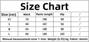 Tableau des tailles détaillé pour ensemble en jean femme avec mesures du XS au L