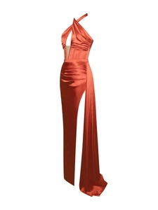 Detail of orange coral satin halter neck gown with side slit and cascading ribbon