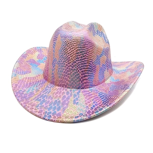 Macro detail of iridescent holographic snake pattern on pink and blue cowboy hat