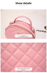 Close-up of pink quilted round handbag featuring premium texture and gold logo detail