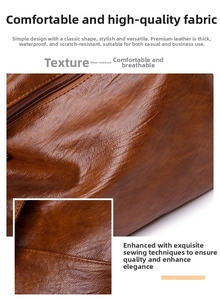 Detail of brown litchi pattern PU leather bag showing waterproof texture and stitching