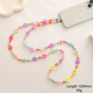 Crossbody phone strap with colorful acrylic beads and macaron floral accents, 120cm length