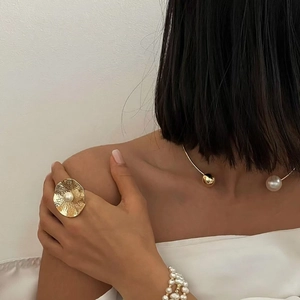 Artificial Pearl Ring Stainless Steel 18K Gold Plated Textured Geometric Flower Adjustable Fashion Jewelry For Women