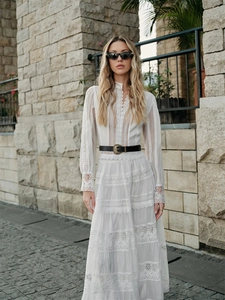 French style white hollow out long sleeve lace dress with retro black leather belt