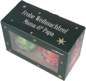 Christmas gift box with grey and red ceramic mugs for Papa and Mama in dark green packaging