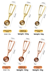Size chart for 304 stainless steel ice cream scoops in three sizes and two colors