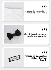 Detail of white pet shirt collar with black bowtie, buttons and handmade label
