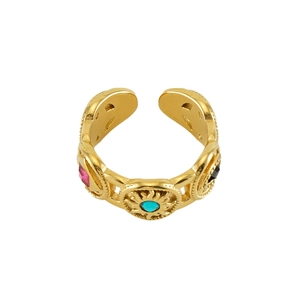 Vintage gold stainless steel open ring with sun motif and multicolor gemstone inlays
