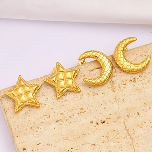 Golden stainless steel star and moon stud earrings with geometric embossed diamond patterns