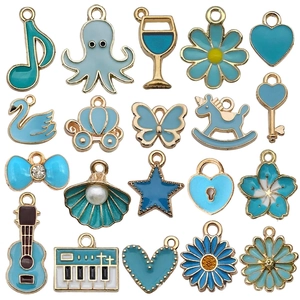 Lake Blue Enamel Alloy Charms For Jewelry Making Mixed Animal Flower Musical Instrument Pendants DIY Bracelet Crafting