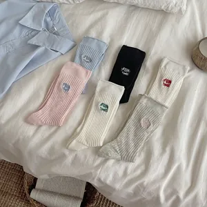 Women Combed Cotton Mid Calf Crew Socks Ribbed Embroidered Letter Fun Time Breathable Mesh Casual Ballet Style
