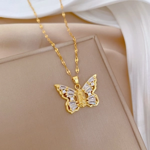 Golden titanium steel necklace with zircon butterfly and Virgin Mary pendant on silk