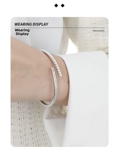 Wearing display of S925 sterling silver open bracelet with square zircon and pearls