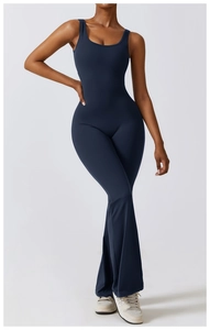 Detail of navy blue sleeveless flare leg yoga jumpsuit with slimming high waist fit