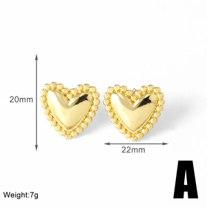 Detailed size view of golden heart stud earrings with beaded edges measuring 20x22mm