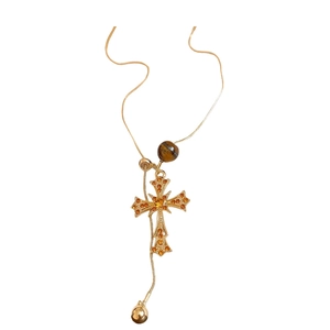 Tiger eye stone cross pendant necklace with amber rhinestones on gold snake chain