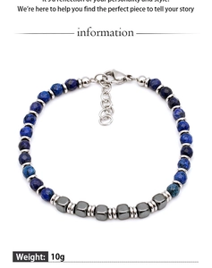 Detail of beaded bracelet with blue lapis lazuli beads and silver adjustable chain