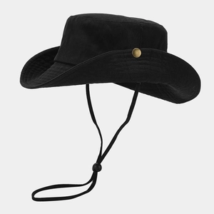 Detail of black cotton bucket hat with side metal snap button and adjustable wind rope