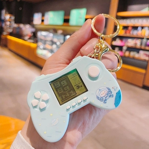 Light blue mini retro game console keychain with cute duck and classic pixel screen