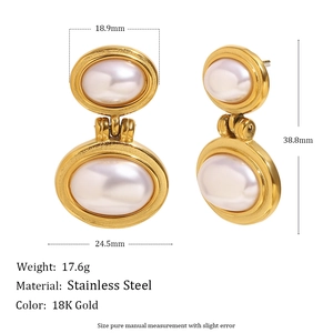 Geometric stainless steel 18K gold plated earrings with faux pearl accents for women