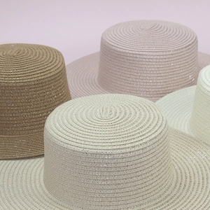 Breathable foldable woven sun hat bases with silver glitter detail in four colors