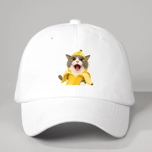 Weiße Baumwoll-Basecap mit süßem Cartoon-Katzenprint im gelben Bananenkostüm-Design