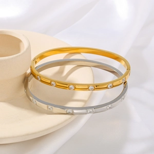 Minimalist 18K gold and silver stainless steel bangles with round zircon inlay