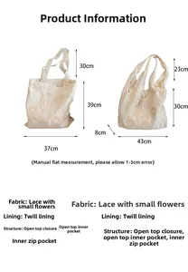 Detailed size chart for the hollow embroidered canvas tote bag with specific dimensions