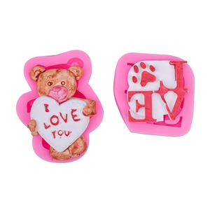 Pink silicone mold set with I Love You teddy bear and Love paw design for cake decorating