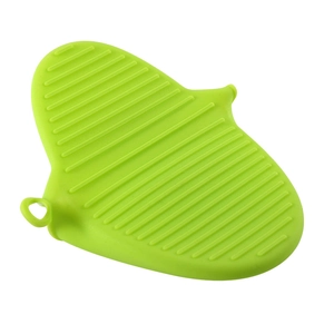 Green silicone heat resistant oven mitt with non-slip texture and hanging loop on white base